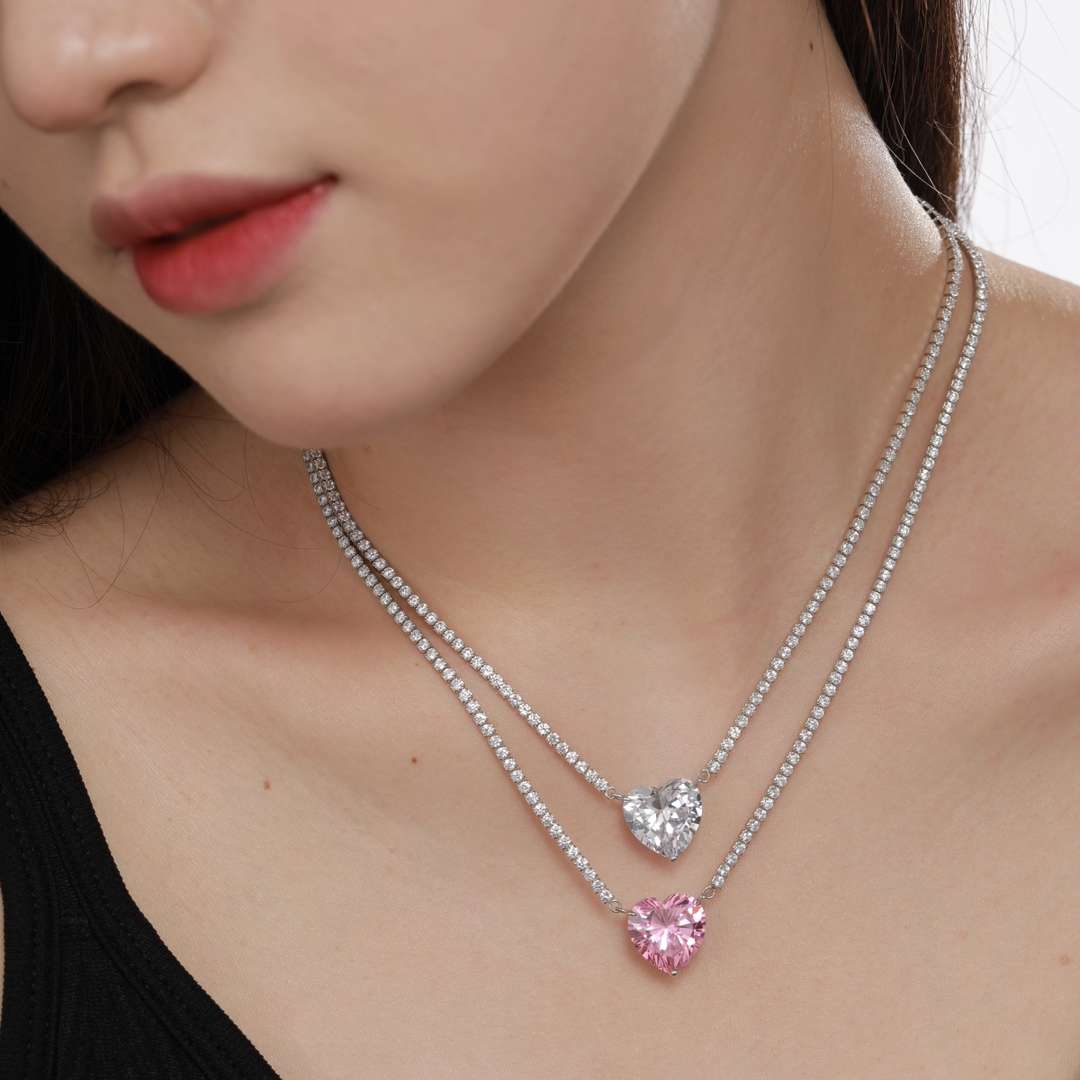 [GALE]8.0 Carat Versatile Colorful Sweet Heart-Shaped Tennis Necklace