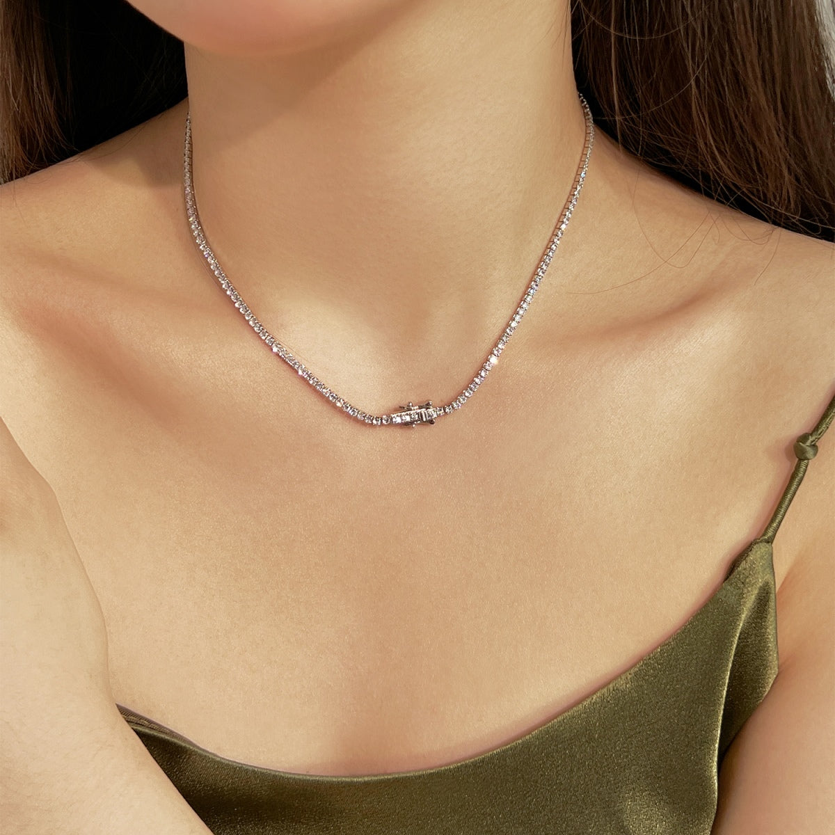[GALE]Delicate Round Shape Tennis Necklace
