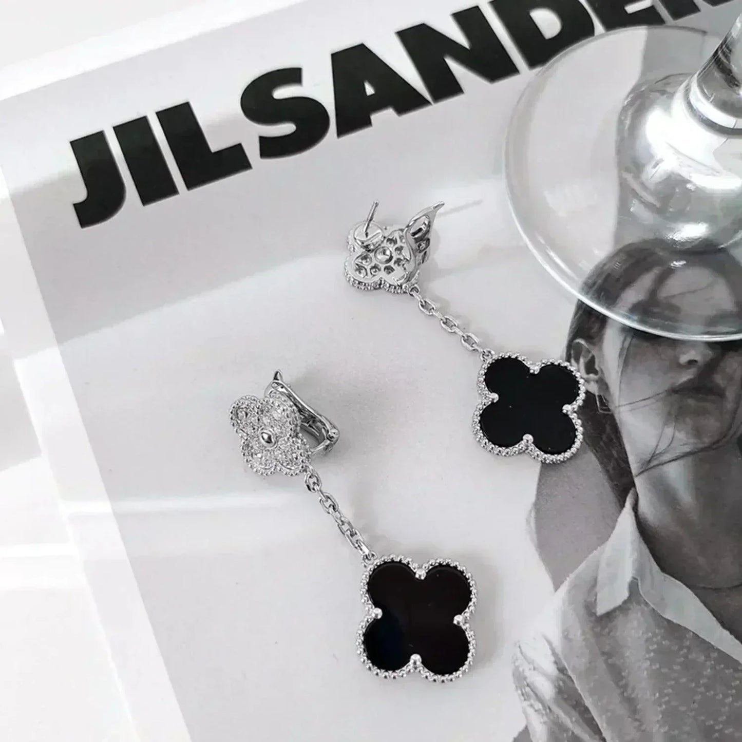 [GALE]CLOVER 2 MOTIFS  DIAMOND ONYX EARRINGS SILVER