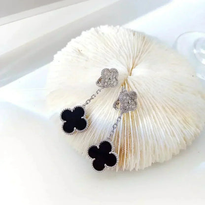 [GALE]CLOVER 2 MOTIFS  DIAMOND ONYX EARRINGS SILVER