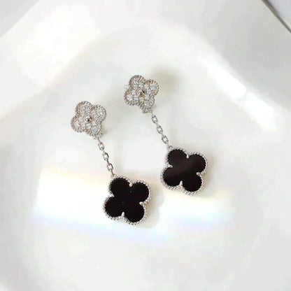 [GALE]CLOVER 2 MOTIFS  DIAMOND ONYX EARRINGS SILVER