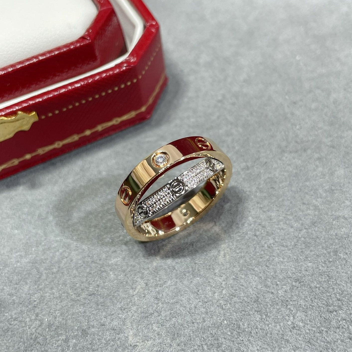 [GALE]LOVE PINK GOLD SILVER DIAMOND DOUBLE RING
