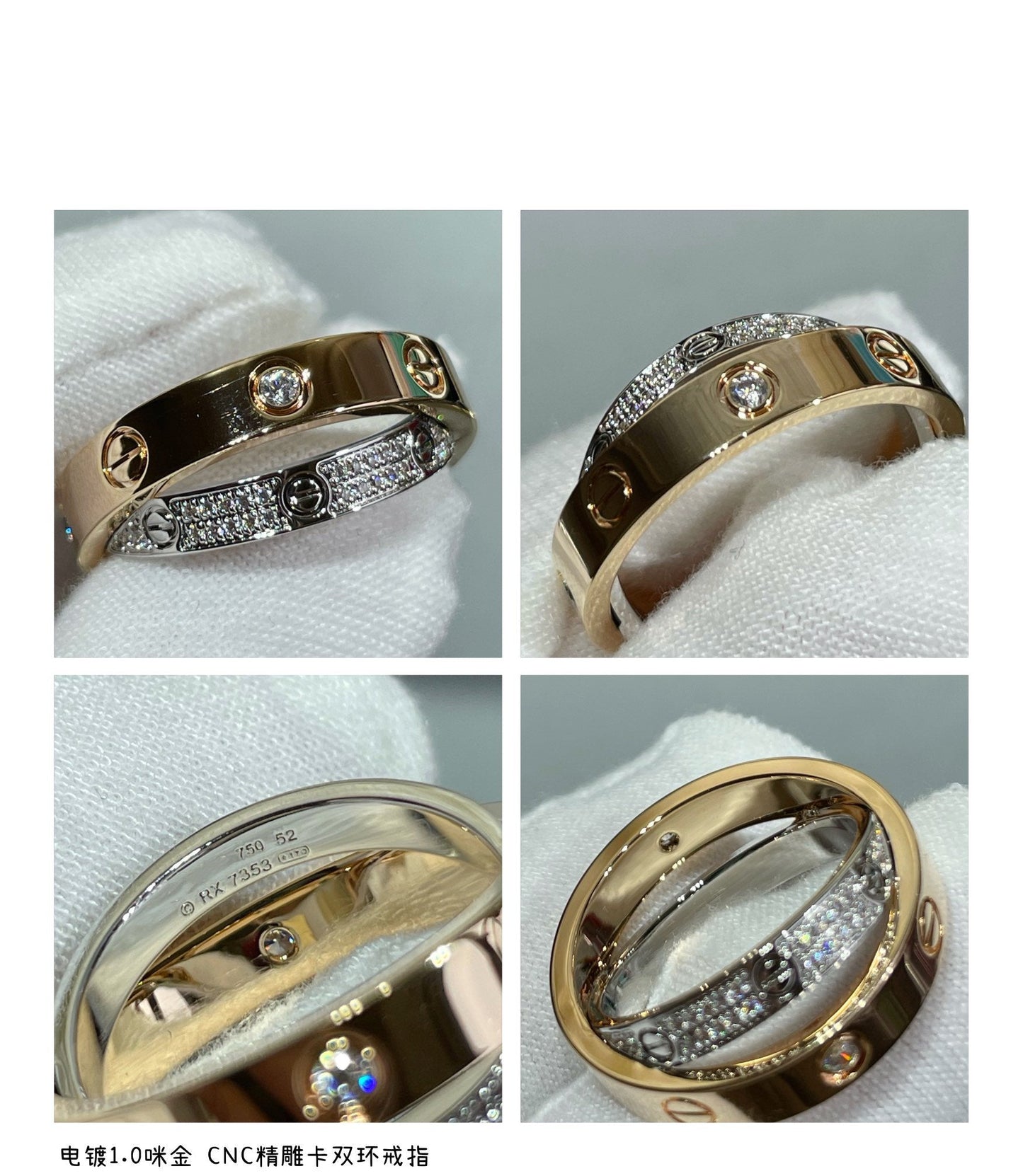 [GALE]LOVE PINK GOLD SILVER DIAMOND DOUBLE RING