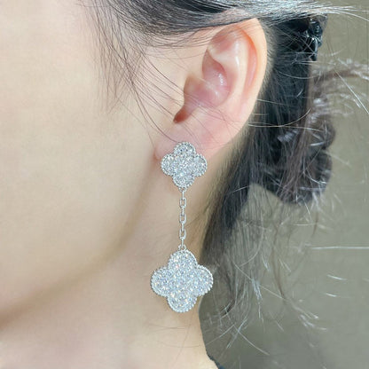 [GALE]CLOVER 2 MOTIFS DIAMOND PAVED SILVER EARRINGS