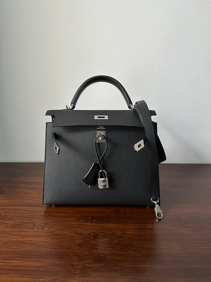 HM KELLY 25CM BLACK EPSOM SILVER HARDWARE