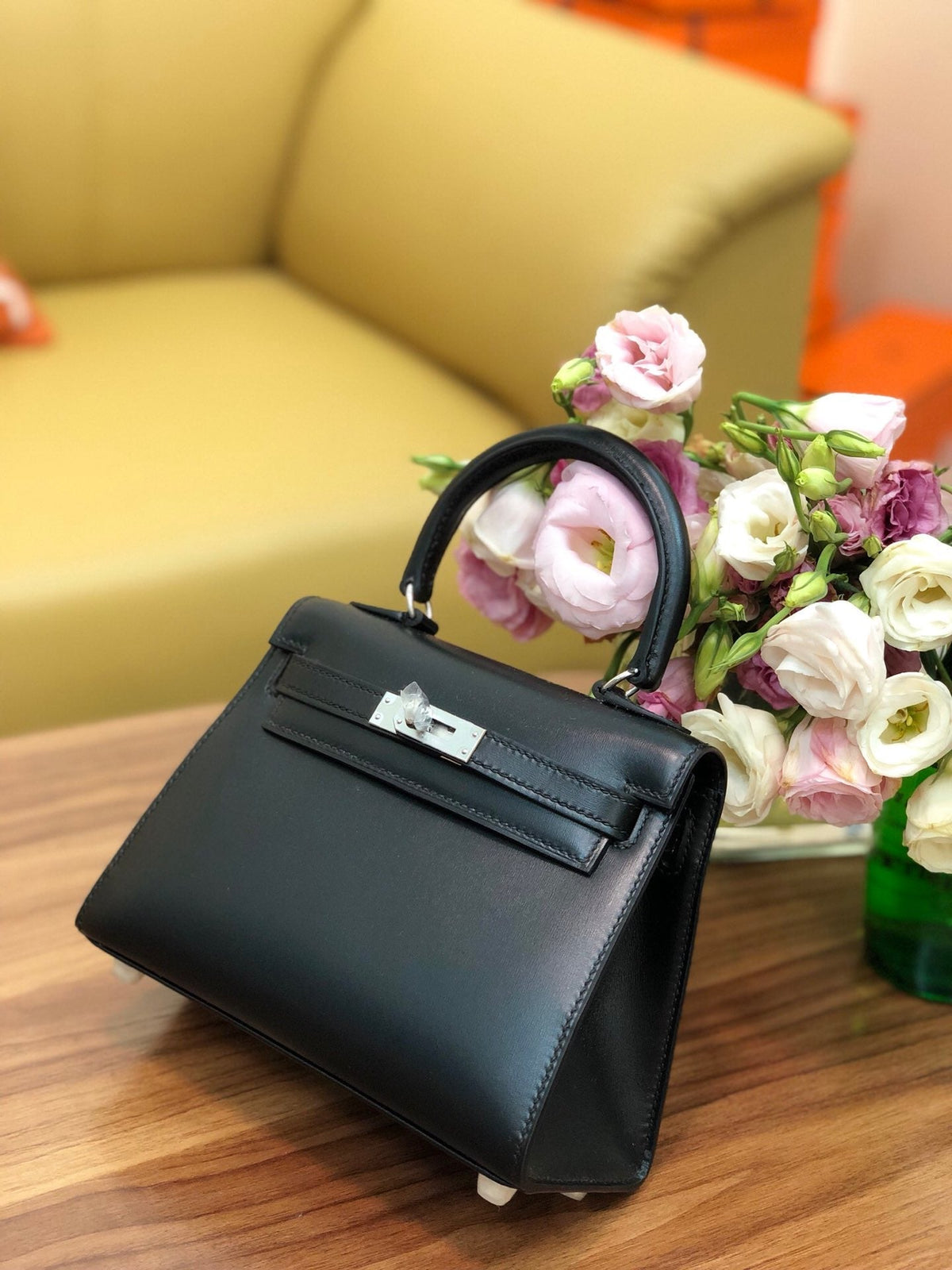 KELLY MINI 20 BAG IN BLACK SMOOTH CALFSKIN WITH SILVER HARDWARE (MADE - TO - ODER)