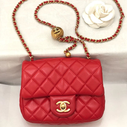 MINI SQUARE CLASSIC FLAP BAG 17CM RED LAMBSKIN GOLD HARDWARE