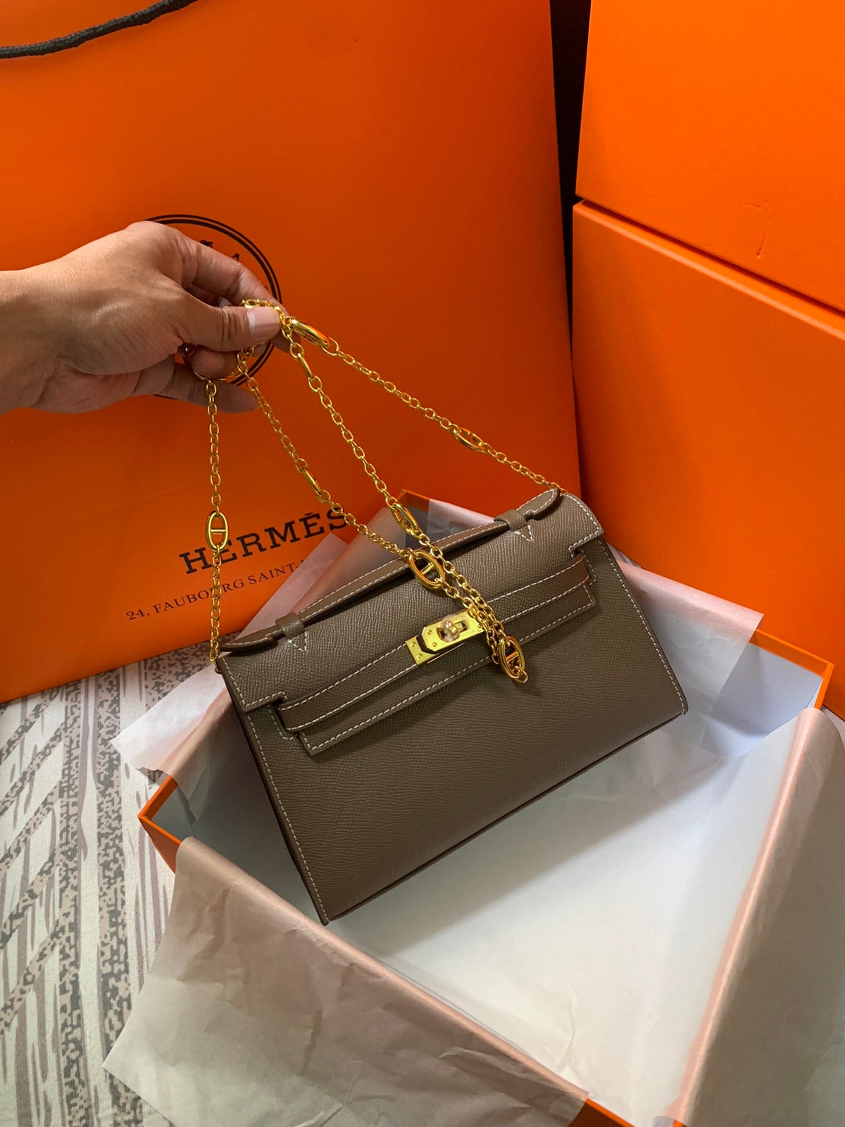 HM KELLY MINI POCHETTE 22 ASH BROWN EPSOM