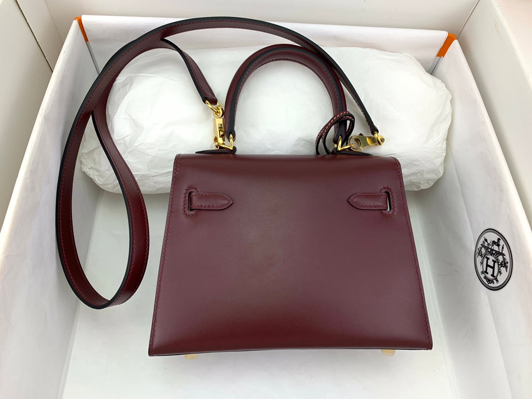 KELLY MINI 20 BAG IN WINE RED SMOOTH CALFSKIN WITH GOLD HARDWARE (MADE - TO - ODER)