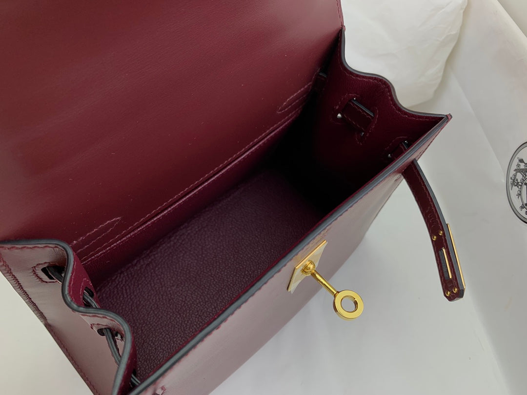 KELLY MINI 20 BAG IN WINE RED SMOOTH CALFSKIN WITH GOLD HARDWARE (MADE - TO - ODER)