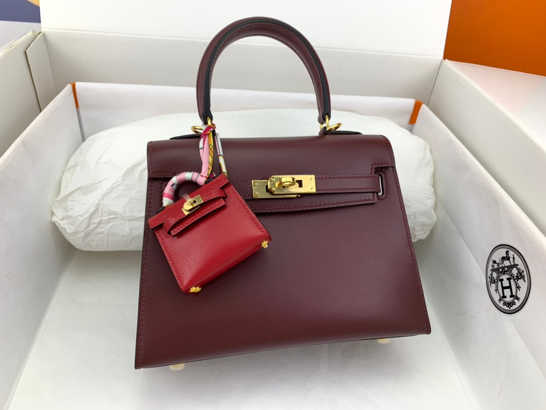 KELLY MINI 20 BAG IN WINE RED SMOOTH CALFSKIN WITH GOLD HARDWARE (MADE - TO - ODER)