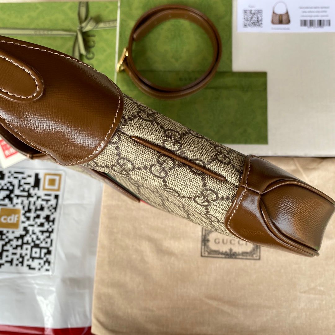 gg jackie small 28cm beige monogram canvas brown calfskin