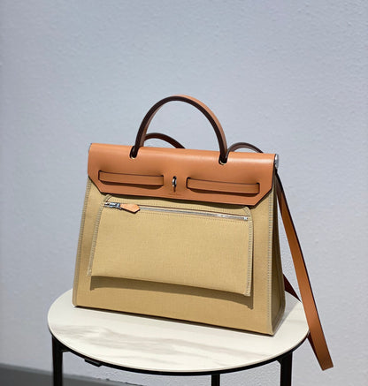 Herbag 31 Toile Beige Canvas Gold Cowhide Leather