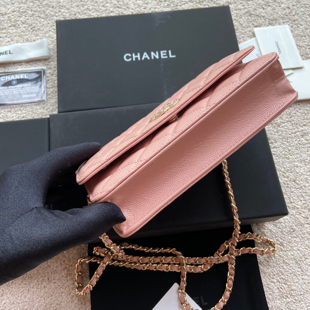 CC Classic Woc 20cm Pink Grained Calfskin Diamond Gold Hardware