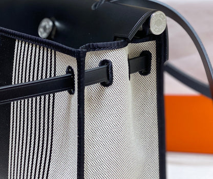 Herbag 31 Toile White Black Canvas Black Cowhide Leather