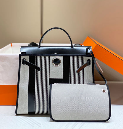 Herbag 31 Toile White Black Canvas Black Cowhide Leather