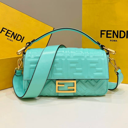 BAGUETTE WITH FF MOTIF 27 IN TURQUOISE SOFT LAMBSKIN GOLD HARDWARE