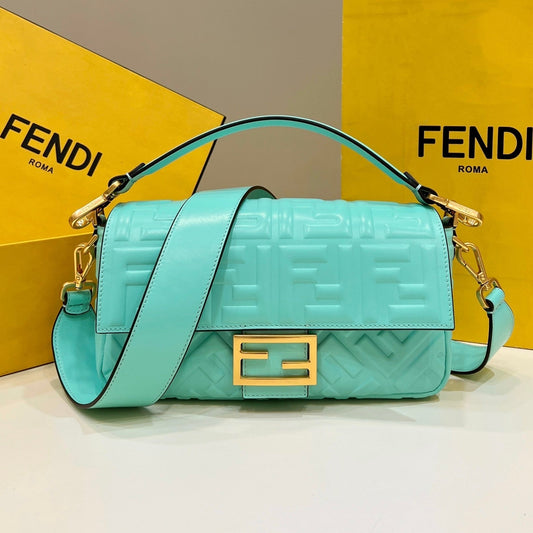 BAGUETTE WITH FF MOTIF 27 IN TURQUOISE SOFT LAMBSKIN GOLD HARDWARE