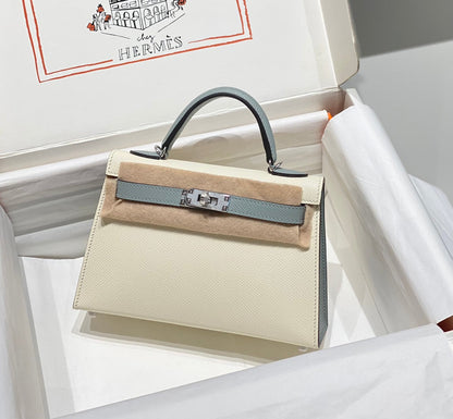 HM Mini Kelly 19cm Cream Cloud Blue Epsom Silver Hardware