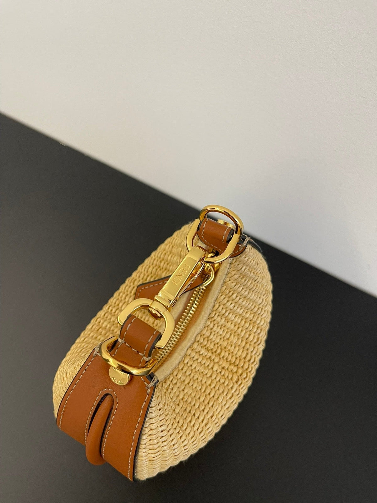 FENDIGRAPHY MINI 16 IN BEIGE STRAW AND BROWN CALFSKIN TRIM GOLD HARDWARE