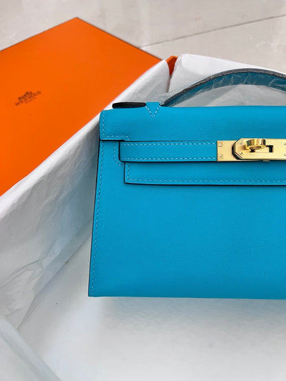 HM KELLY POCHETTE 22CM CERULEAN SWIFT GOLD HARDWARE