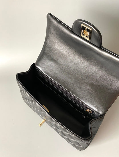 mini flap bag top handle 20cm black lambskin gold hardware