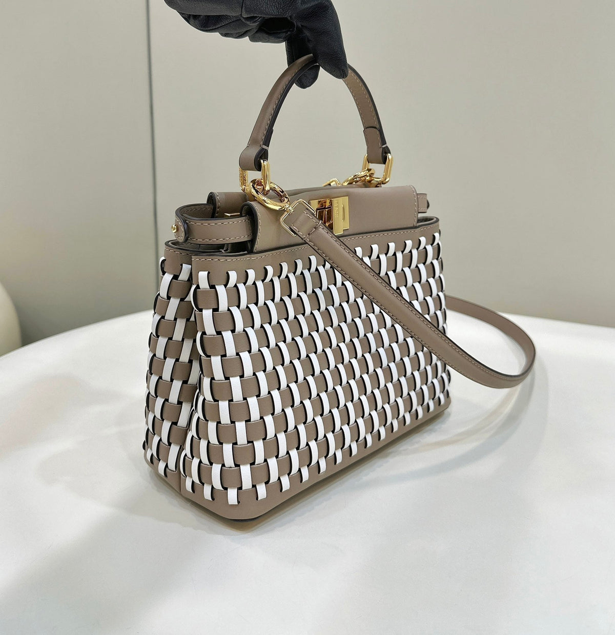PEEKABOO 24 IN WHITE MIX BROWN INTERLACED CALFSKIN GOLD HARDWARE