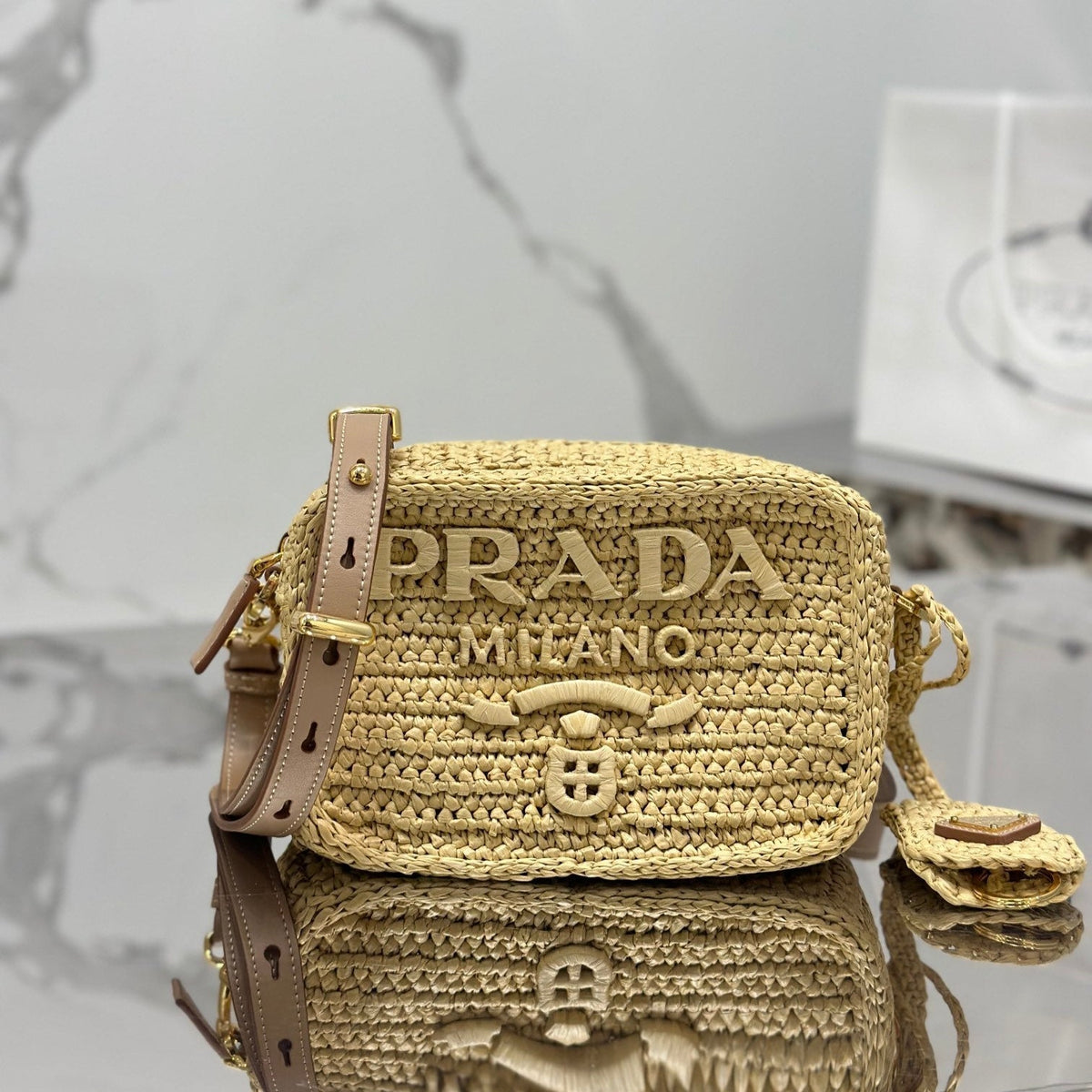 CAMERA BAG 20 IN BEIGE WOVEN RAFFIA