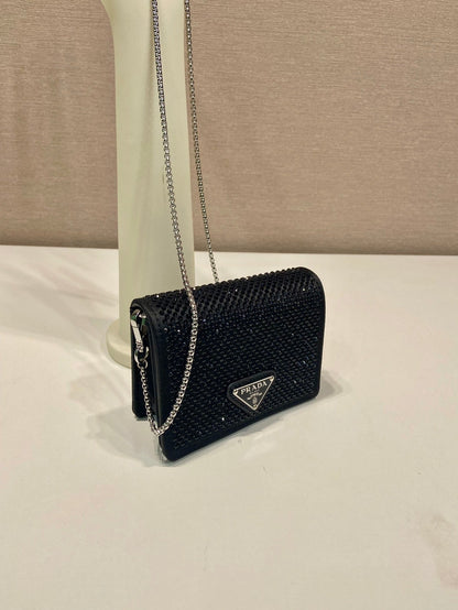 MINI FLAP BAG 11 IN BLACK DUCHESSE FABRIC ATTACHED FULL CRYSTALS SILVER CHAIN