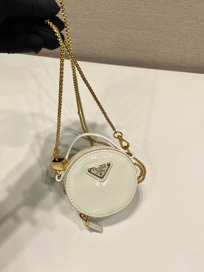 MINI ROUND BAG 8 IN WHITE GLOSSY CALFSKIN GOLD HARDWARE