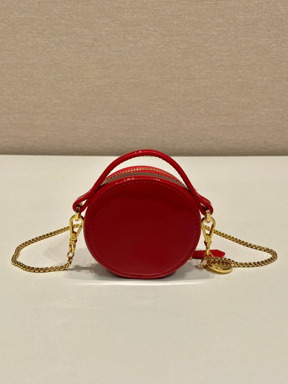 MINI ROUND BAG 8 IN RED GLOSSY CALFSKIN GOLD HARDWARE