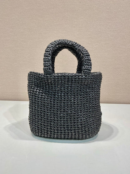 SMALL CROCHET TOTE BAG 24 IN BLACK MIX YELLOW RAFFIA