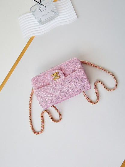 24b mini flap bag  20cm pink lambskin silver purple diamond