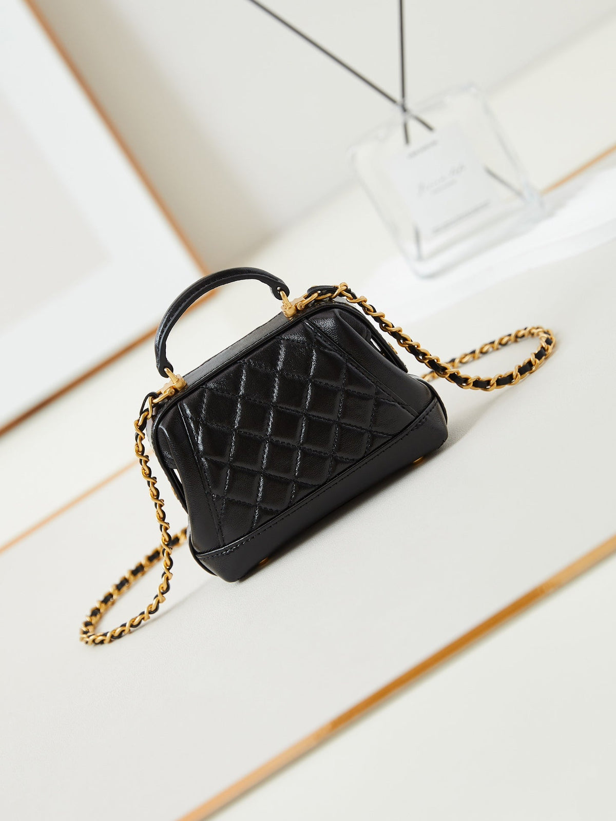 CC 24A Mini Top Handle 13cm Black Wax Leather Gold Hardware 238455