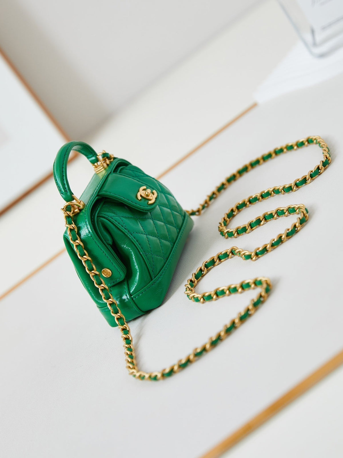 CC 24A Mini Top Handle 13cm Green Wax Leather Gold Hardware 238465