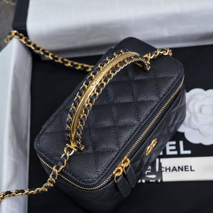 CC 24A Vanity Top Handle 16cm Black Grained Calfskin Gold Hardware