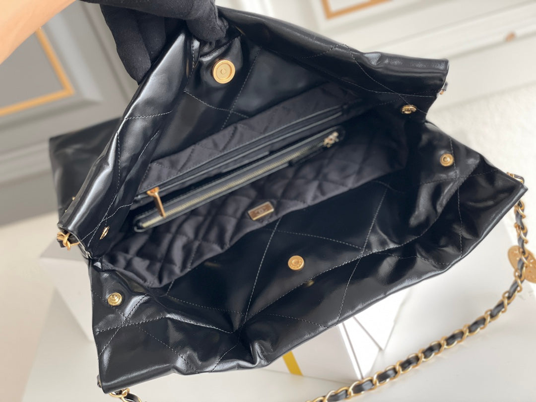 24B CC 22 Hobo Bag 35cm Black Lambskin Gold Hardware