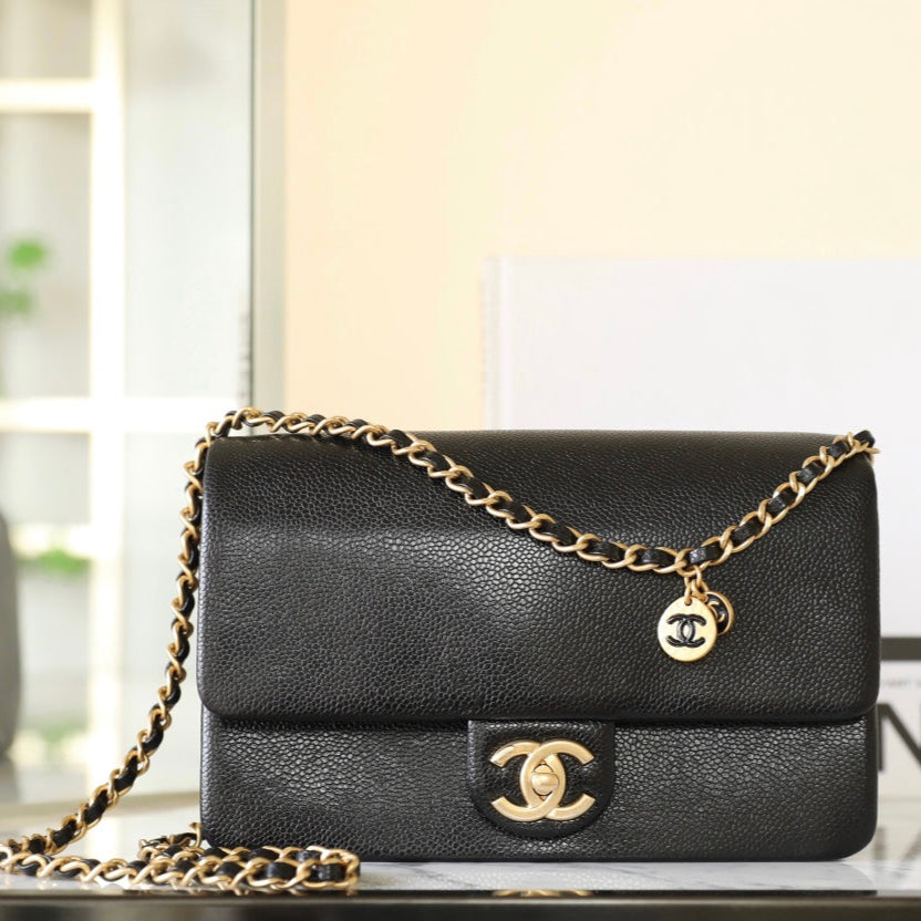 CC 24K Flap Bag 23cm Black Grained Calfskin Gold Hardware