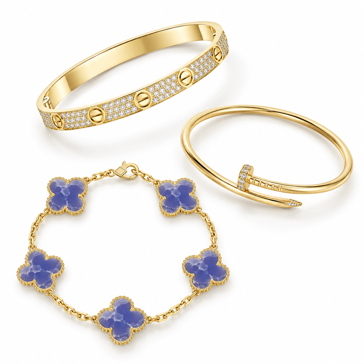 [GALE] LOVE & JUSTE & Blue Veins Clover 5-Motif Diamond Bracelet Stack Set