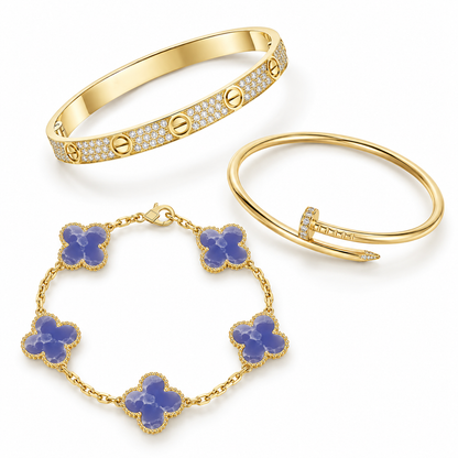 [GALE] LOVE & JUSTE & Blue Veins Clover 5-Motif Diamond Bracelet Stack Set