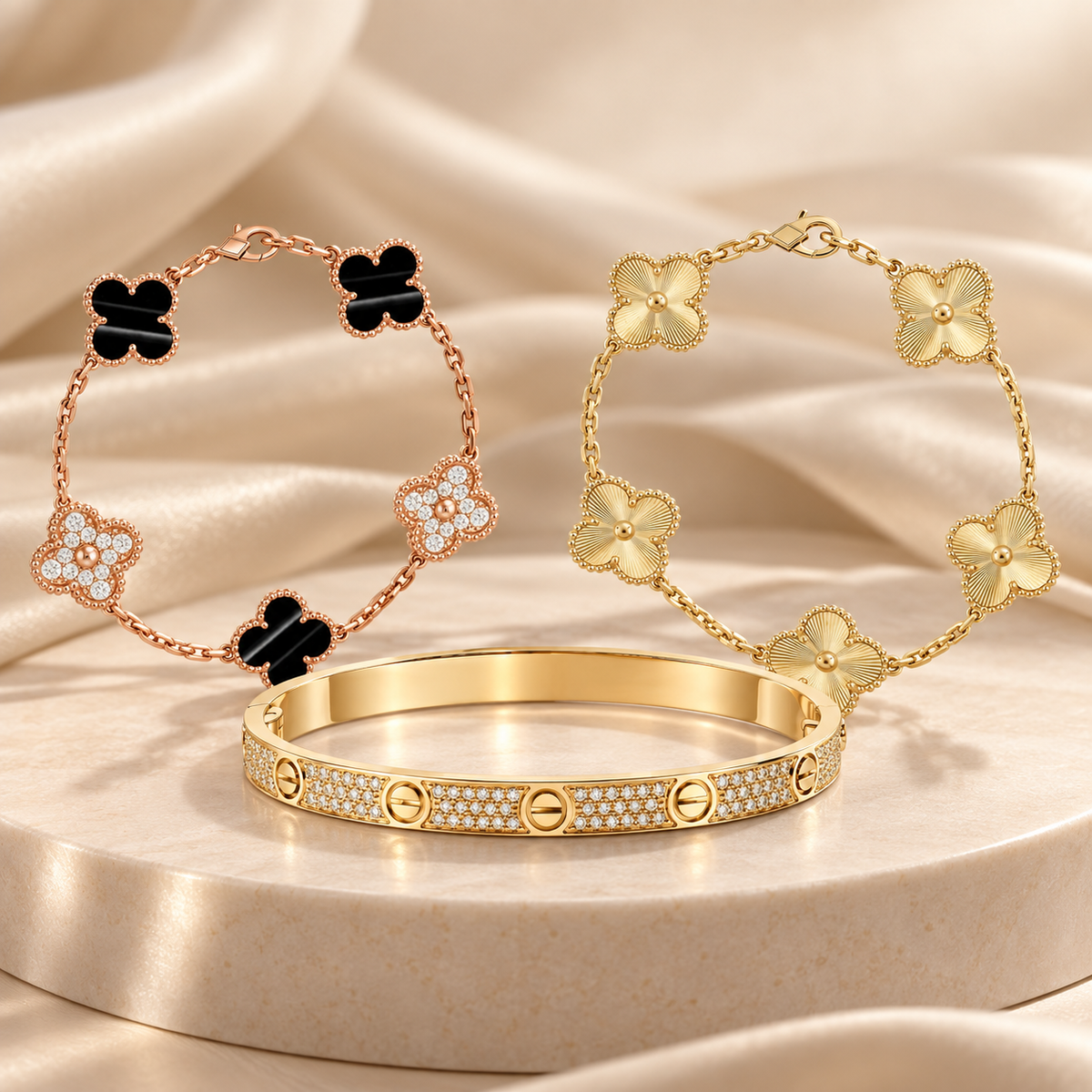[GALE]Clover Laser  Pulsar Stone 5-Motif & LOVE Diamond-Paved Bracelet Stack Set