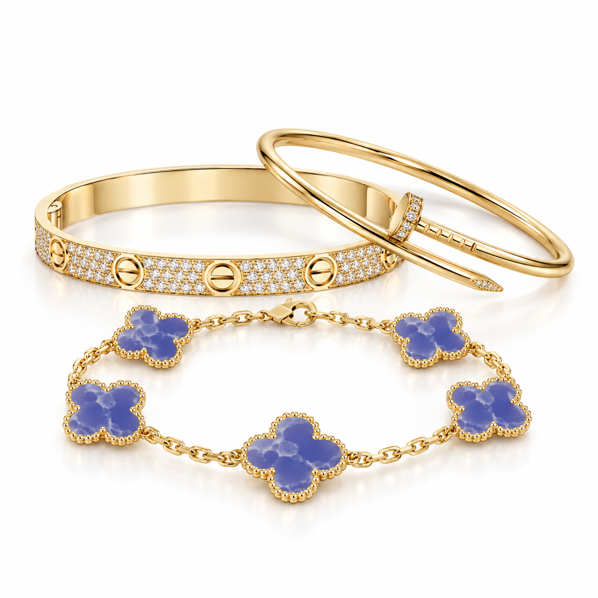 [GALE] LOVE & JUSTE & Blue Veins Clover 5-Motif Diamond Bracelet Stack Set