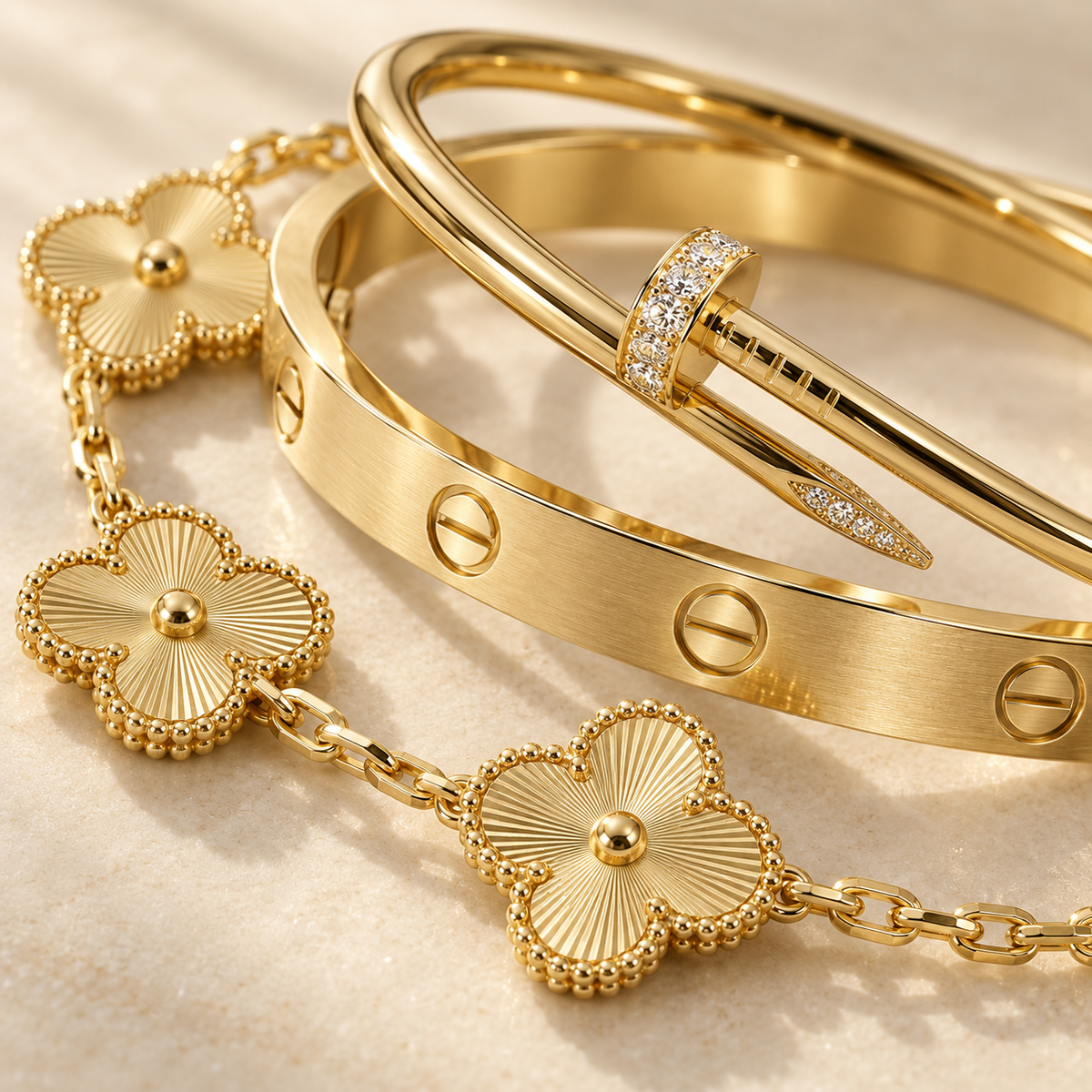 [GALE] Clover & Love & Juste 3-Piece Gold Bracelet Stack Set