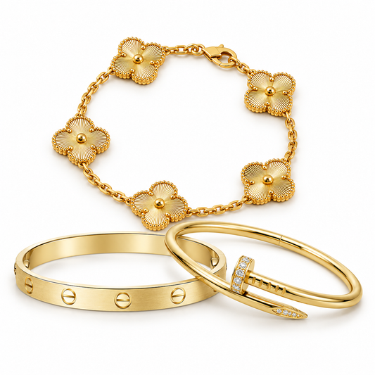 [GALE] Clover & Love & Juste 3-Piece Gold Bracelet Stack Set
