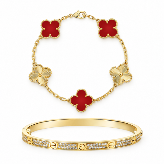 [GALE]Clover & Love Diamond-Paved Radiant Line 2-Piece Bracelet Stack Set