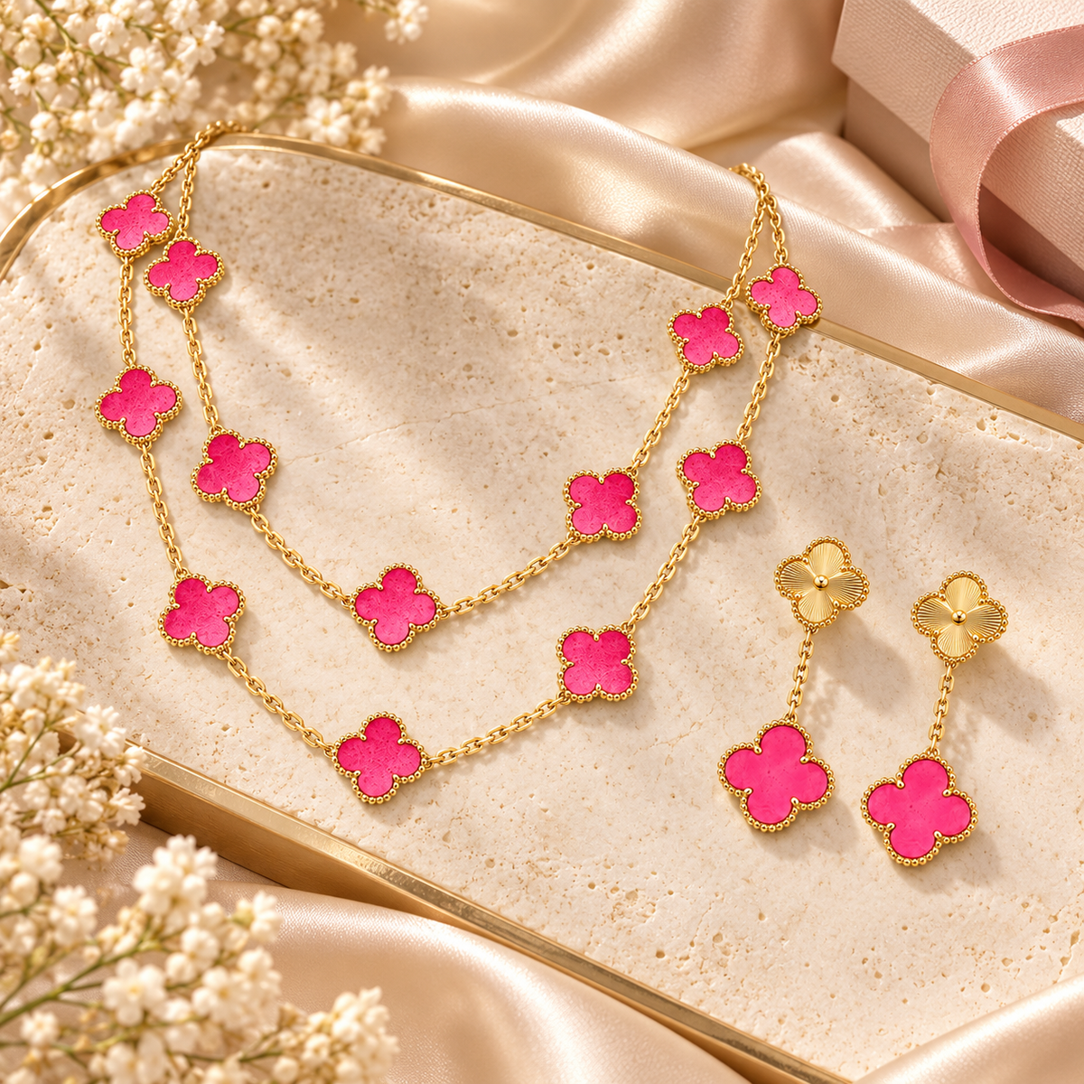 [GALE]Clover Pink Enamel Necklace & Earring Jewelry Set