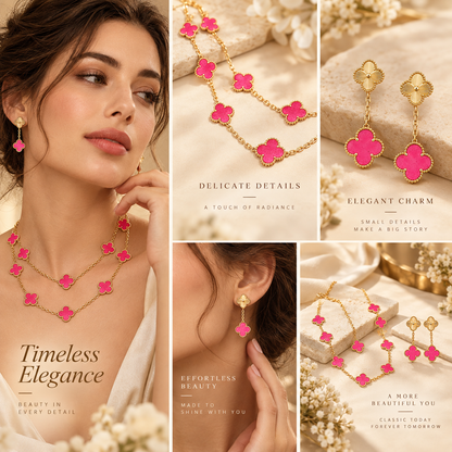 [GALE]Clover Pink Enamel Necklace & Earring Jewelry Set