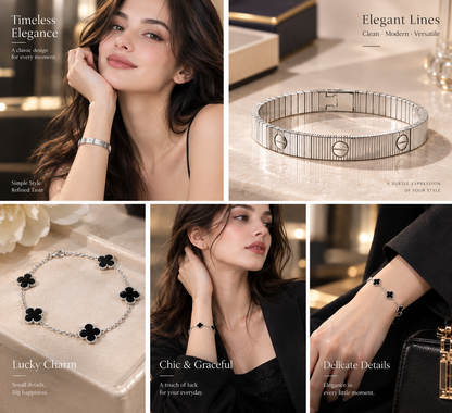 [GALE]Clover & Love Sliver 2-Piece Bracelet Stack Set