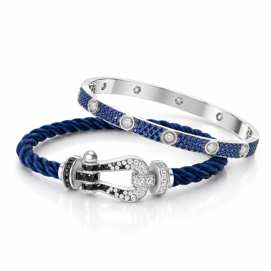 [GALE]Pave Gemstone Love &Force Large Horseshoe Diamond Duo Bracelet Stack Set