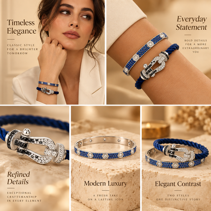 [GALE]Pave Gemstone Love &Force Large Horseshoe Diamond Duo Bracelet Stack Set